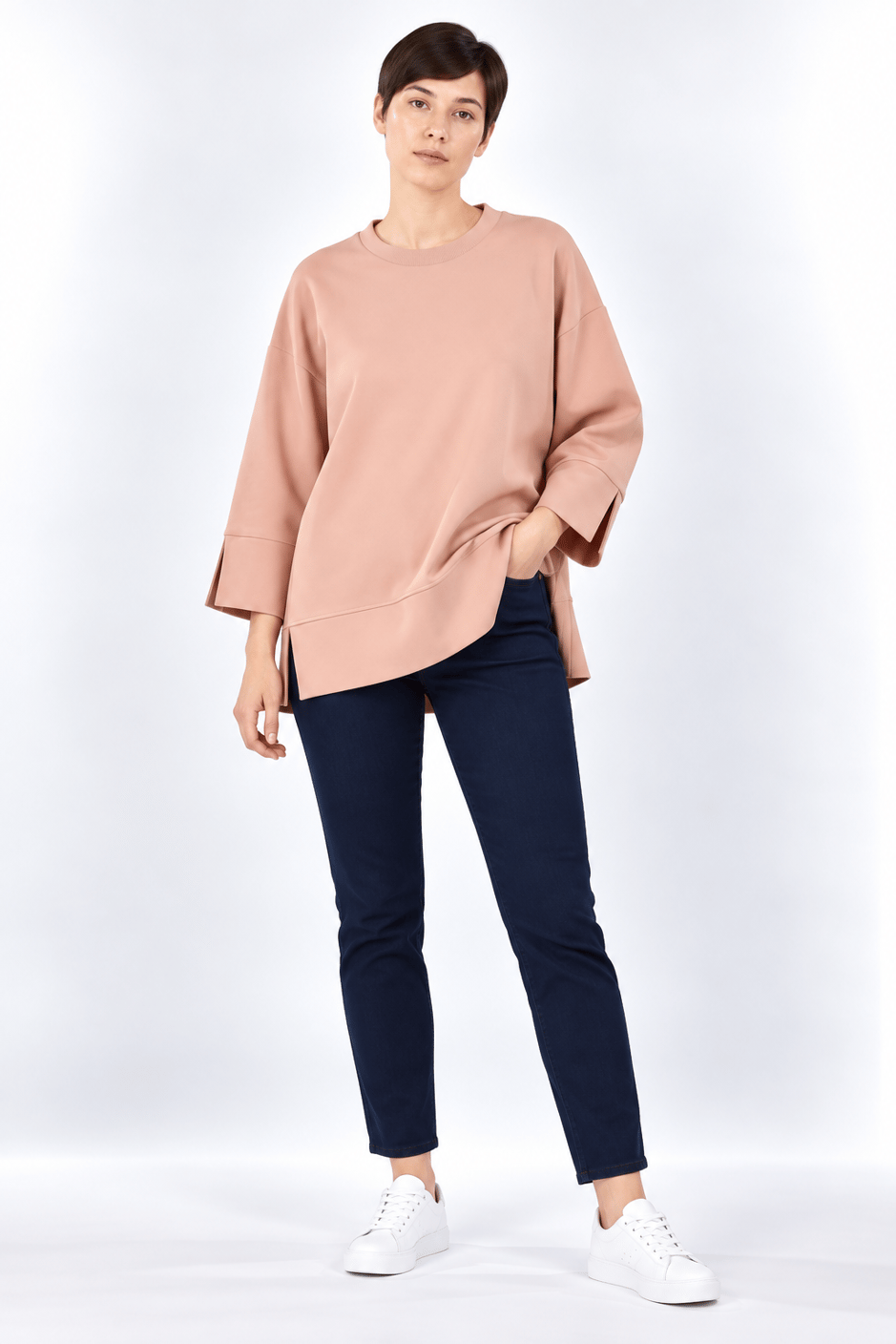 Örme Kol ve Yırtmaç Detaylı Tunik Sweatshirt-Pudra