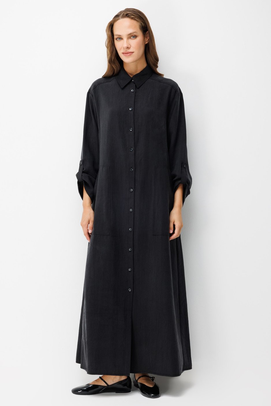 Premium Doğal Akıcı Kumaş Bsc Maxi Tunik Elbise-Siyah