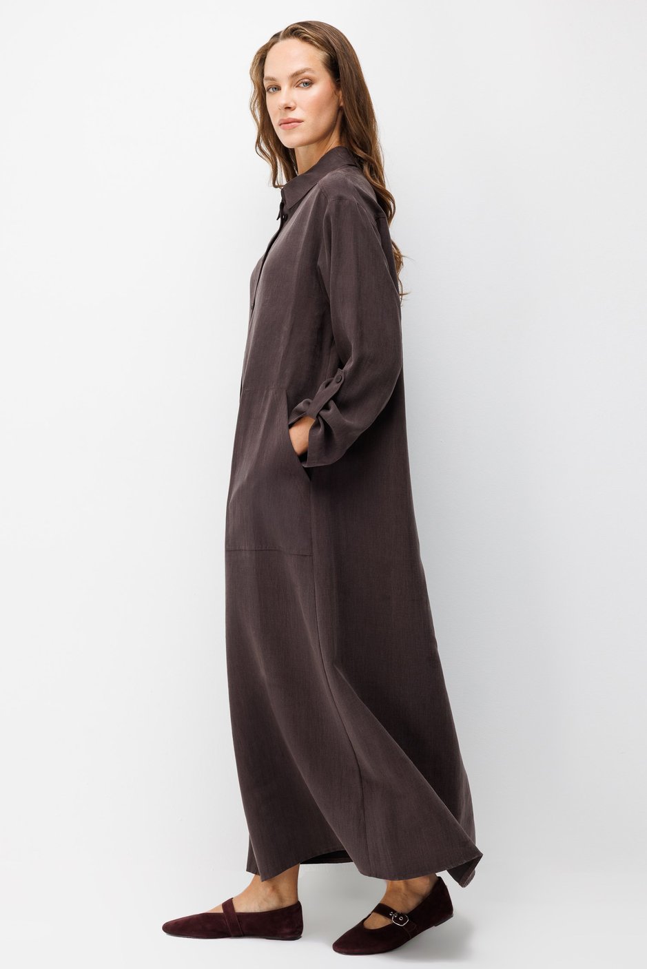 Premium Doğal Akıcı Kumaş Bsc Maxi Tunik Elbise-Kahve