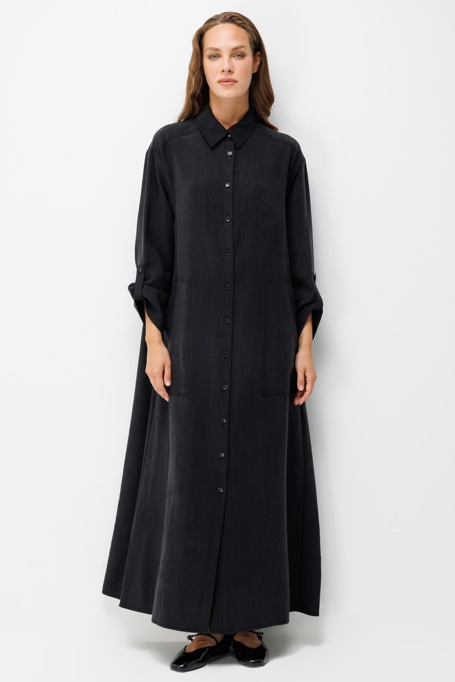 Premium Doğal Akıcı Kumaş Bsc Maxi Tunik Elbise-Siyah
