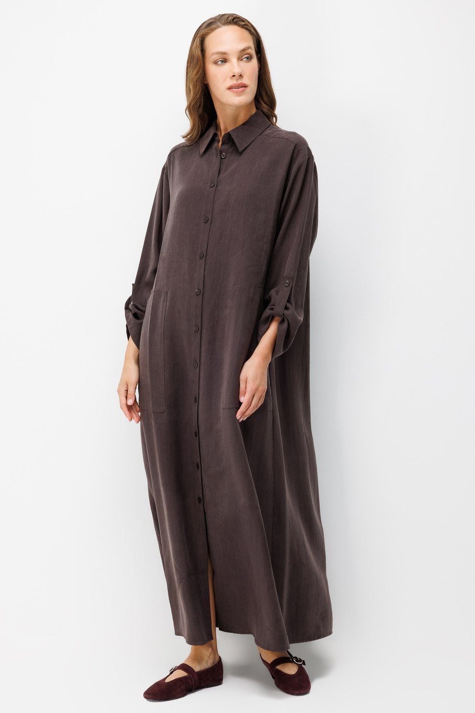 Premium Doğal Akıcı Kumaş Bsc Maxi Tunik Elbise-Kahve