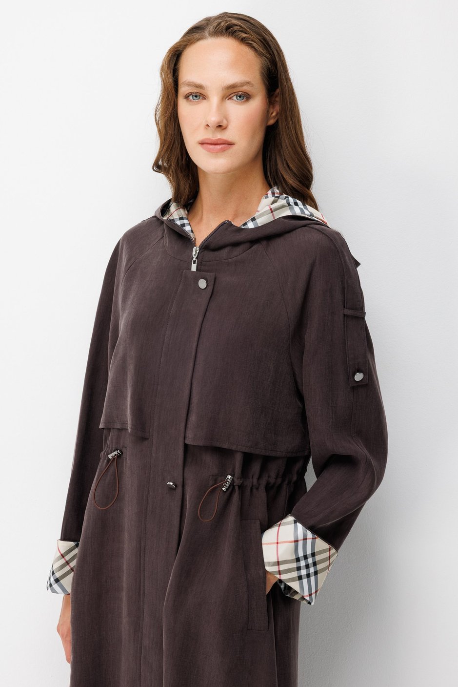 Premium Doğal Akıcı Kumaş Elit Garni Detay Trench Kap-Kahve