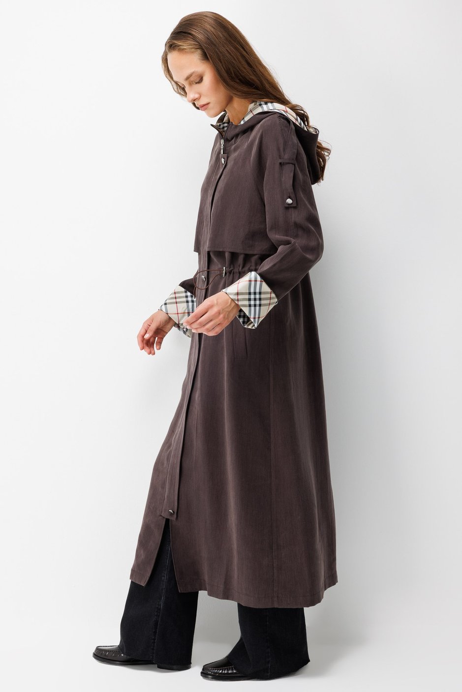 Premium Doğal Akıcı Kumaş Elit Garni Detay Trench Kap-Kahve