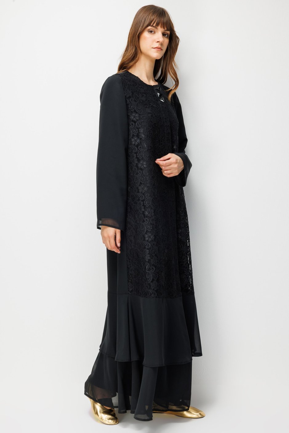 Şifon ve Dantel Özel Kombinasyon İçi İnce Astarlı Zamansız Ferace-Siyah