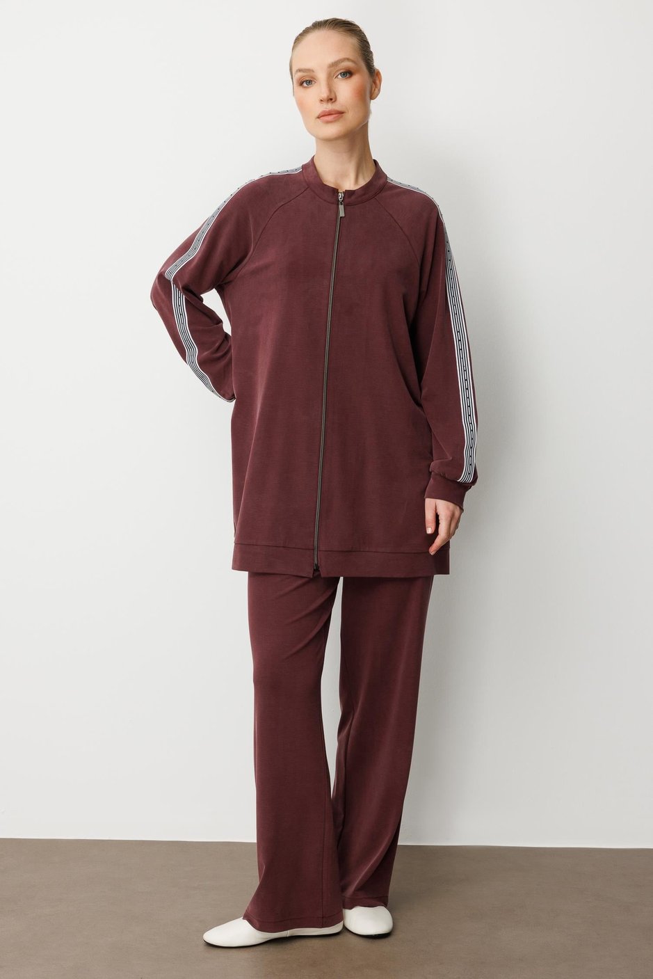 Soft Modal Örme (miccel %55 doğal) İçerikli Garnili Detaylı Pantolon Kombin Takım-Bordo