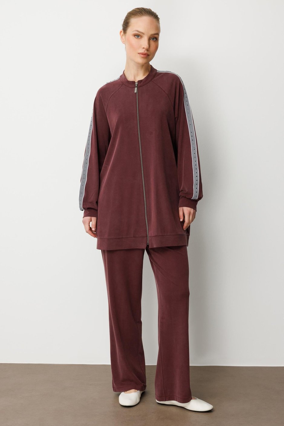 Soft Modal Örme (miccel %55 doğal) İçerikli Garnili Detaylı Pantolon Kombin Takım-Bordo