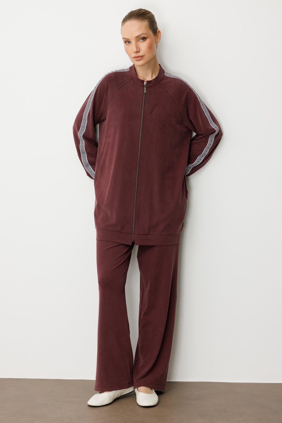 Soft Modal Örme (miccel %55 doğal) İçerikli Garnili Detaylı Pantolon Kombin Takım-Bordo