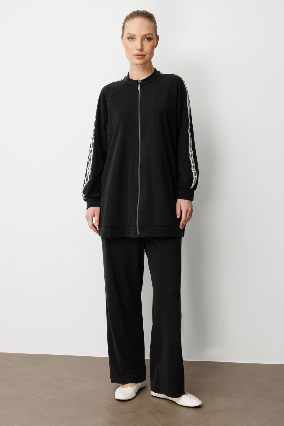 Soft Modal Örme (miccel %55 doğal) İçerikli Garnili Detaylı Pantolon Kombin Takım-Siyah