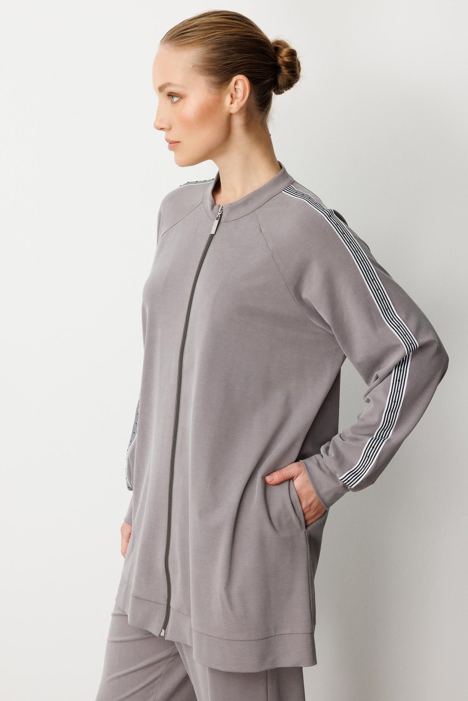 Soft Modal Örme (miccel %55 doğal) İçerikli Garnili Detaylı Pantolon Kombin Takım-Gri