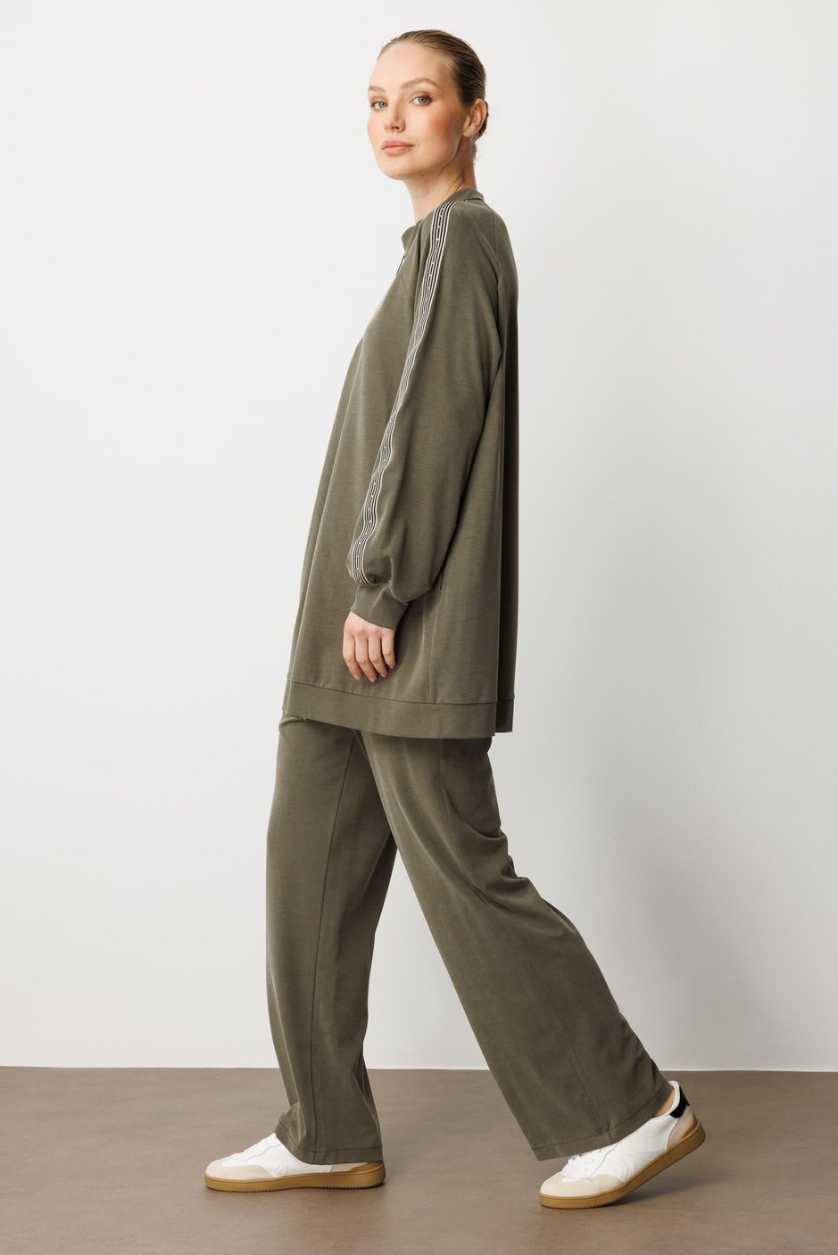 Soft Modal Örme (miccel %55 doğal) İçerikli Garnili Detaylı Pantolon Kombin Takım-Haki