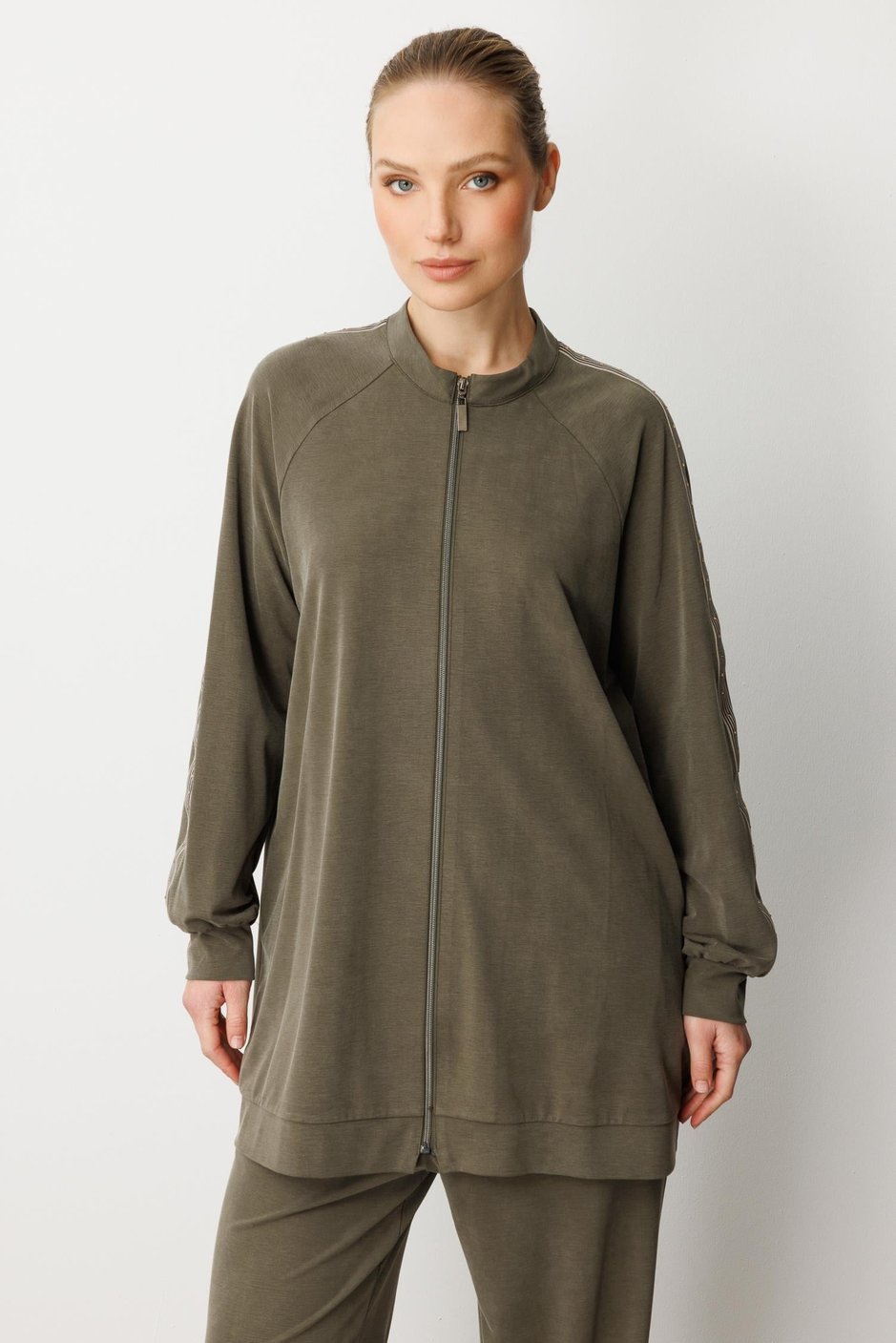 Soft Modal Örme (miccel %55 doğal) İçerikli Garnili Detaylı Pantolon Kombin Takım-Haki