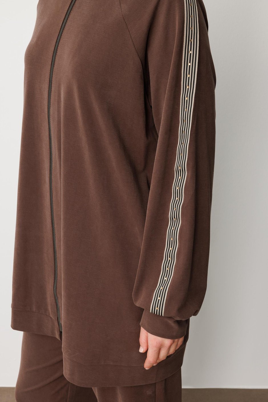 Soft Modal Örme (miccel %55 doğal) İçerikli Garnili Detaylı Pantolon Kombin Takım-Kahve