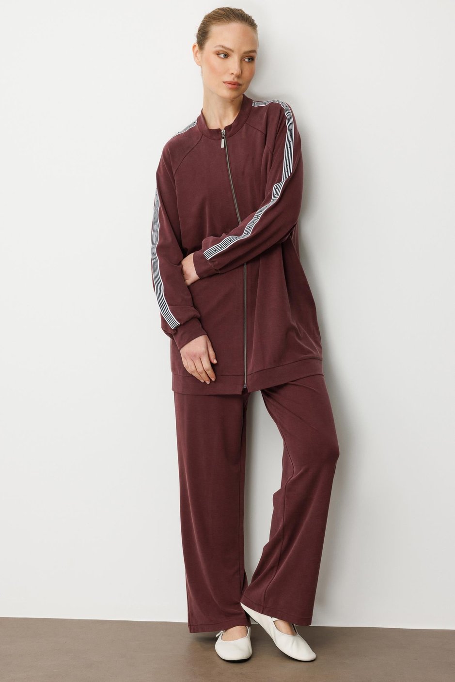 Soft Modal Örme (miccel %55 doğal) İçerikli Garnili Detaylı Pantolon Kombin Takım-Bordo