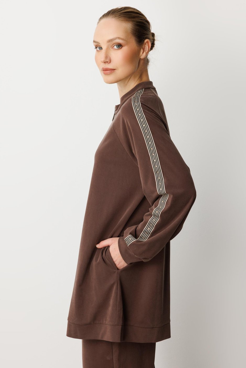 Soft Modal Örme (miccel %55 doğal) İçerikli Garnili Detaylı Pantolon Kombin Takım-Kahve