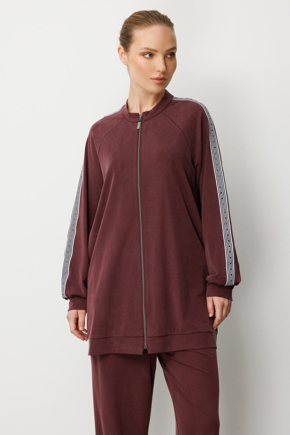 Soft Modal Örme (miccel %55 doğal) İçerikli Garnili Detaylı Pantolon Kombin Takım-Bordo