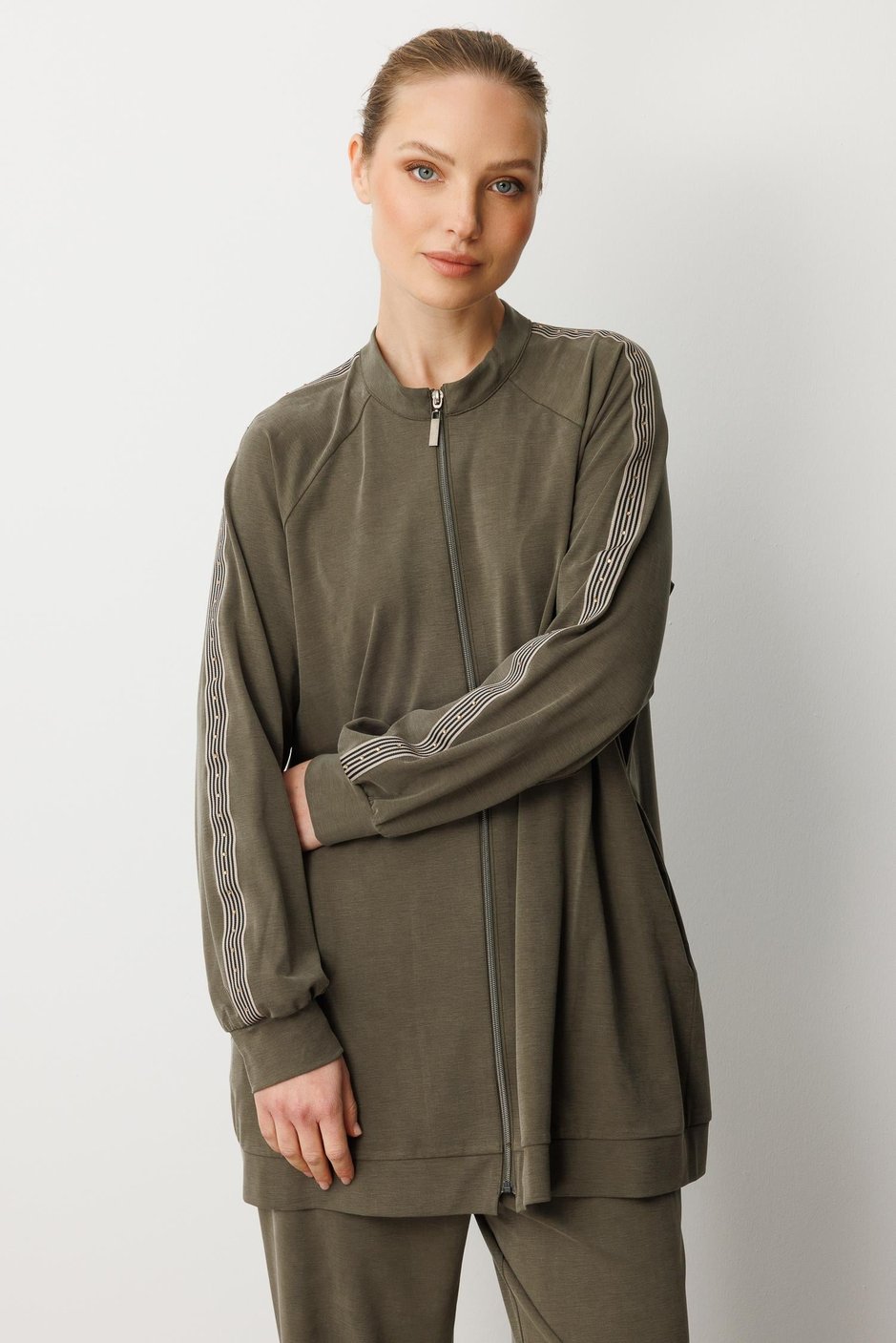 Soft Modal Örme (miccel %55 doğal) İçerikli Garnili Detaylı Pantolon Kombin Takım-Haki