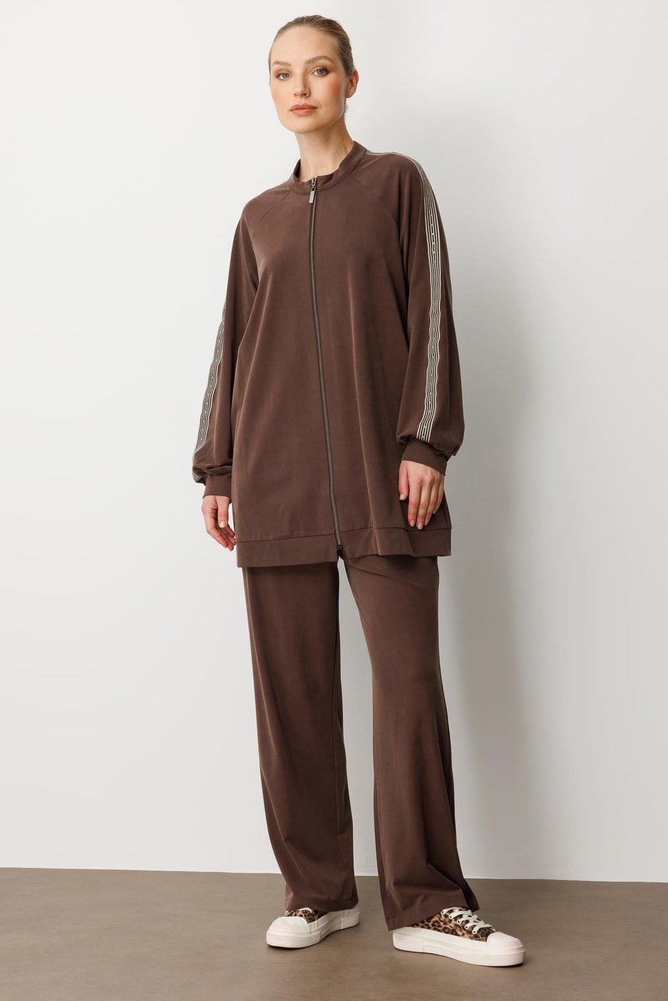 Soft Modal Örme (miccel %55 doğal) İçerikli Garnili Detaylı Pantolon Kombin Takım-Kahve