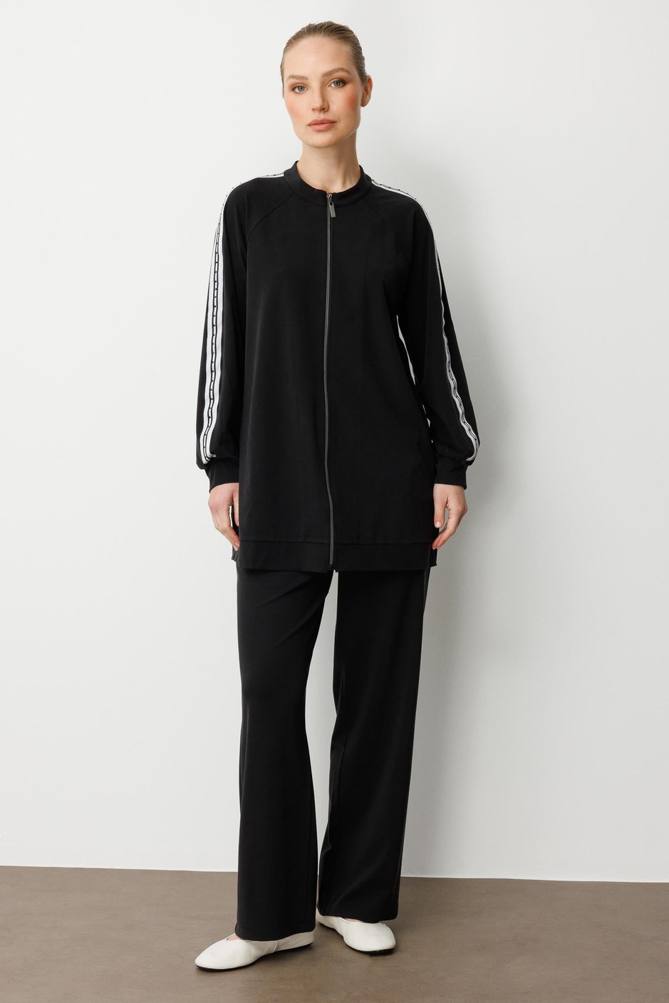 Soft Modal Örme (miccel %55 doğal) İçerikli Garnili Detaylı Pantolon Kombin Takım-Siyah