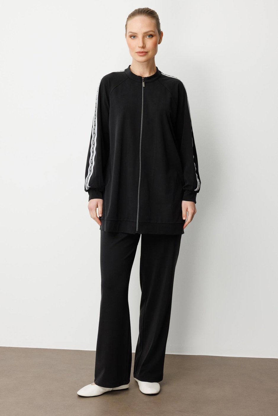 Soft Modal Örme (miccel %55 doğal) İçerikli Garnili Detaylı Pantolon Kombin Takım-Siyah