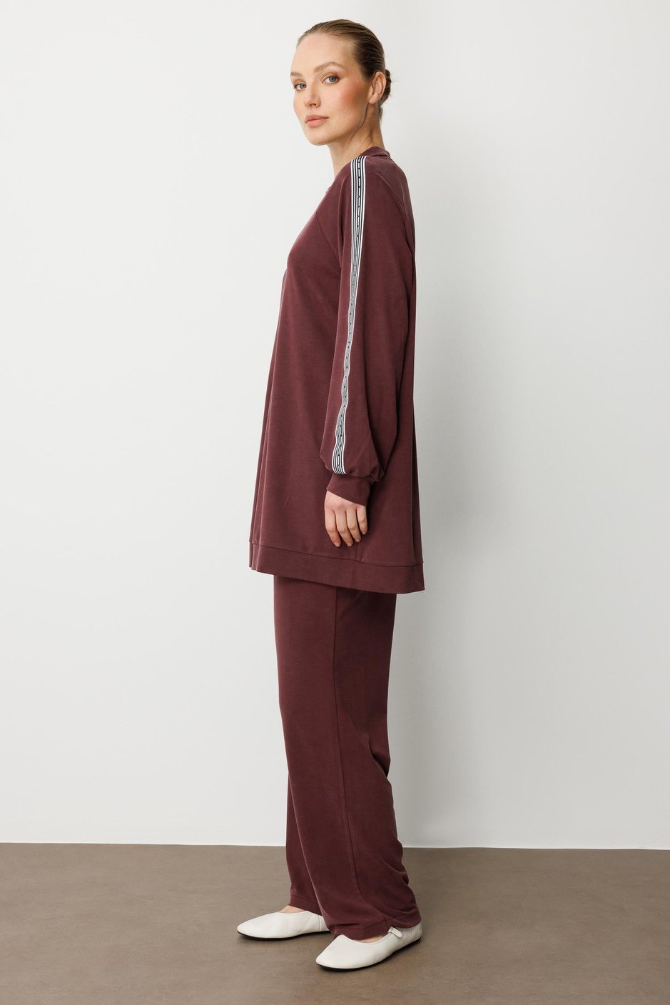 Soft Modal Örme (miccel %55 doğal) İçerikli Garnili Detaylı Pantolon Kombin Takım-Bordo