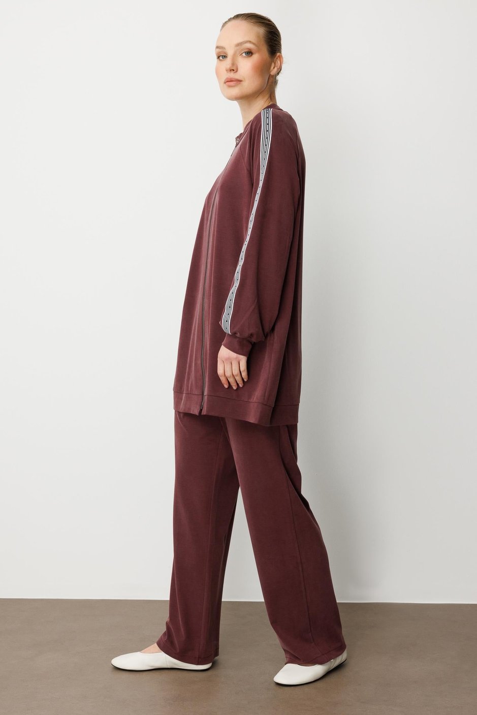 Soft Modal Örme (miccel %55 doğal) İçerikli Garnili Detaylı Pantolon Kombin Takım-Bordo