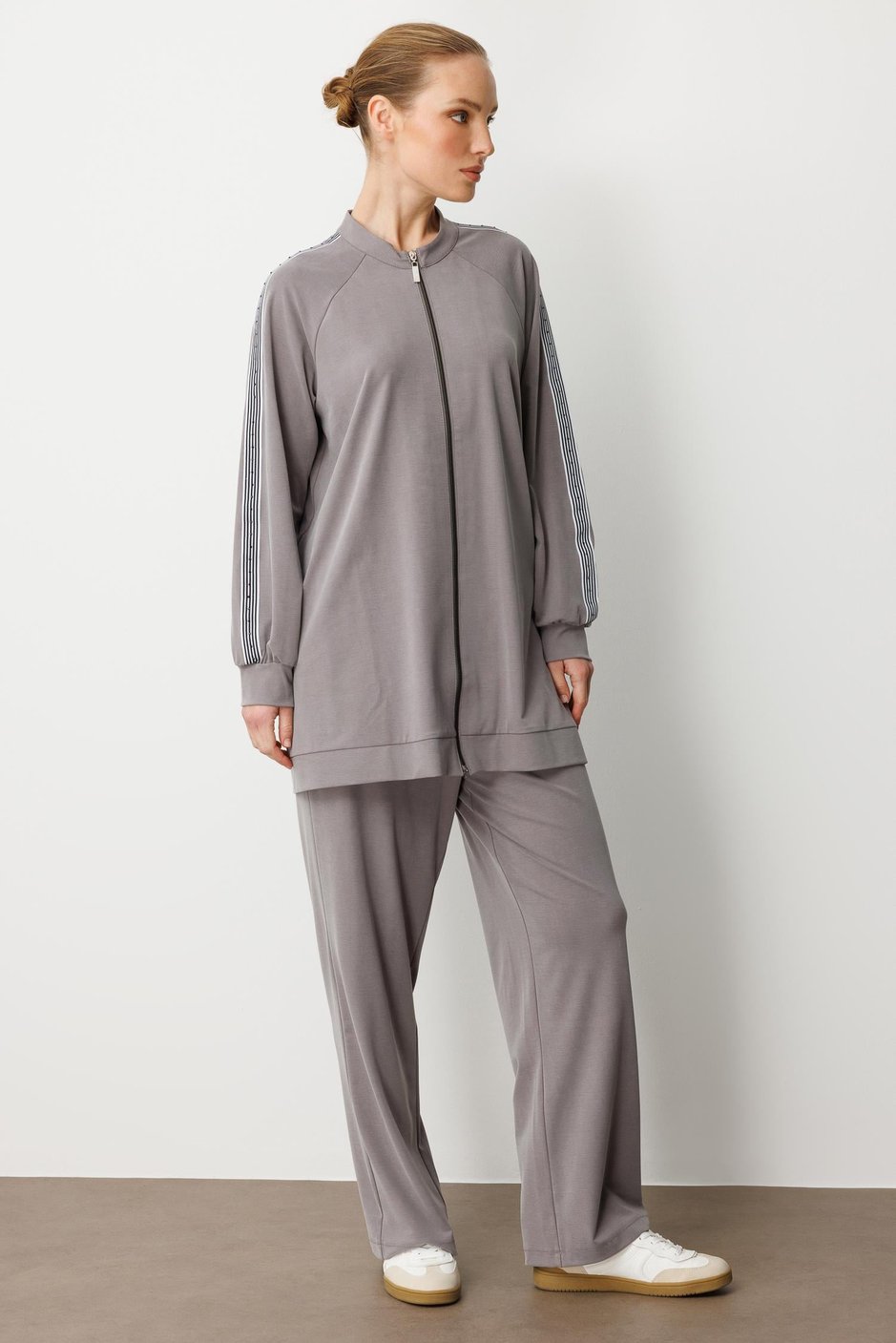 Soft Modal Örme (miccel %55 doğal) İçerikli Garnili Detaylı Pantolon Kombin Takım-Gri