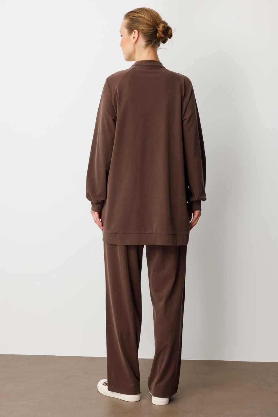 Soft Modal Örme (miccel %55 doğal) İçerikli Garnili Detaylı Pantolon Kombin Takım-Kahve