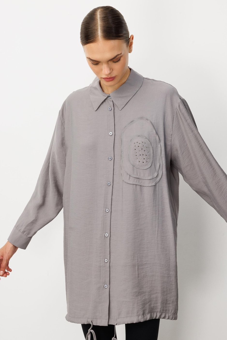 Soft Modal(%90) İçerikli Elişi Çiçek İşlemeli Tunik-Gri
