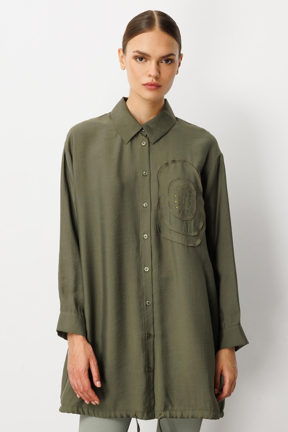 Soft Modal(%90) İçerikli Elişi Çiçek İşlemeli Tunik-Haki