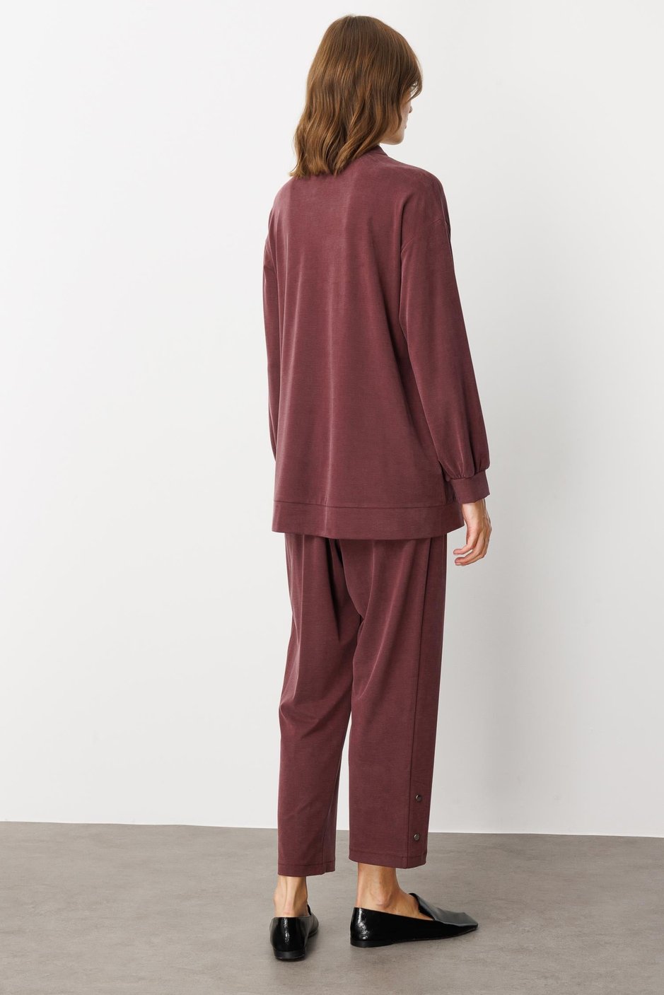 Soft Örme Miccell (%55 doğal) İçerik Dokuma Ön Garni Pantalon Kombin Takım-Bordo
