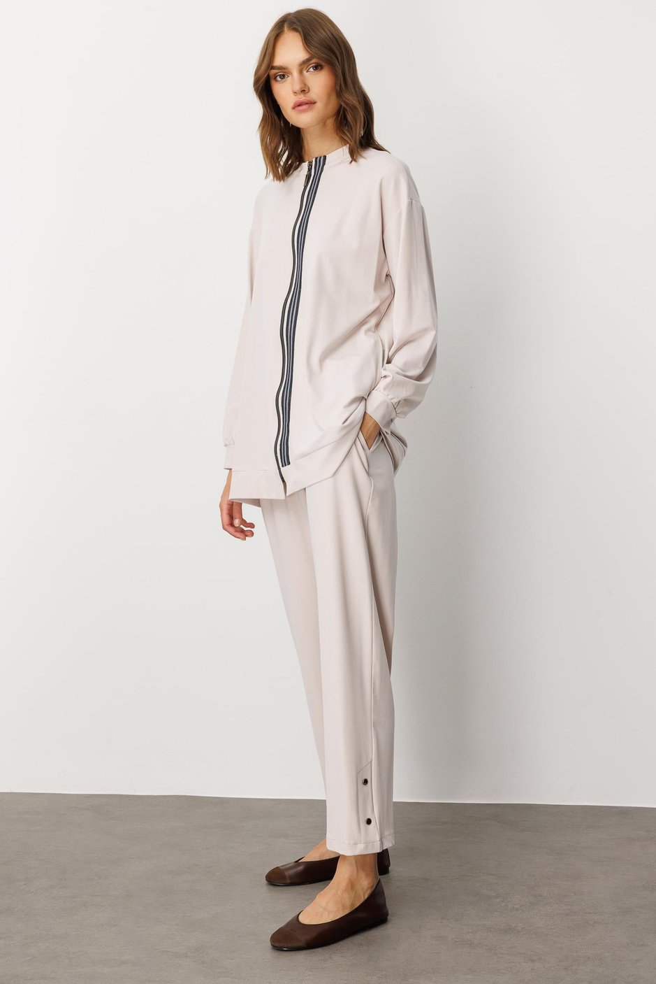 Soft Örme Miccell (%55 doğal) İçerik Dokuma Ön Garni Pantalon Kombin Takım-Taş