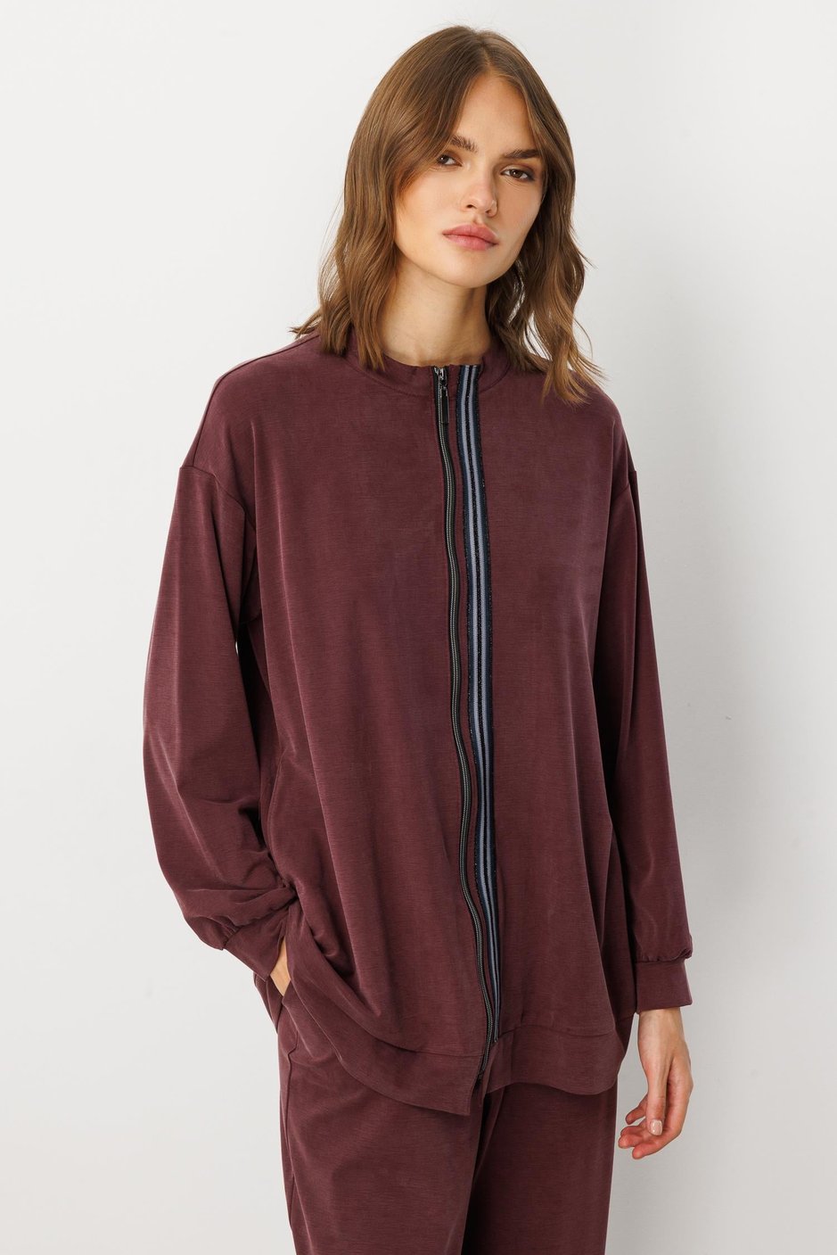Soft Örme Miccell (%55 doğal) İçerik Dokuma Ön Garni Pantalon Kombin Takım-Bordo