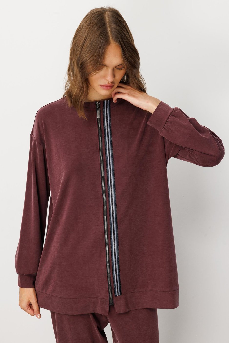Soft Örme Miccell (%55 doğal) İçerik Dokuma Ön Garni Pantalon Kombin Takım-Bordo