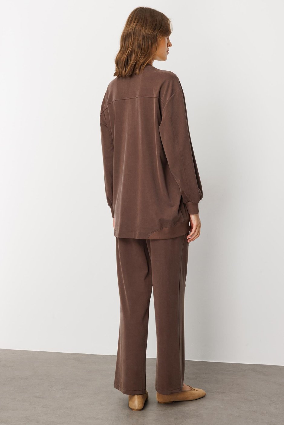 Soft Örme (miccell %55 doğal içerik) Elişi Detaylı  Pantalon Kombin Takım-Kahve