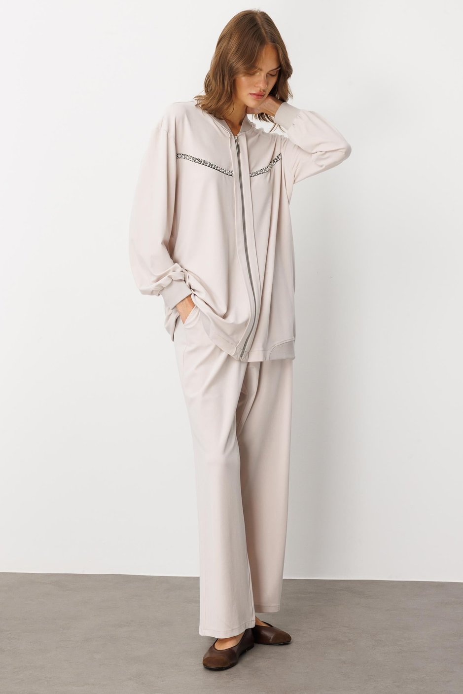 Soft Örme (miccell %55 doğal içerik) Elişi Detaylı  Pantalon Kombin Takım-Taş