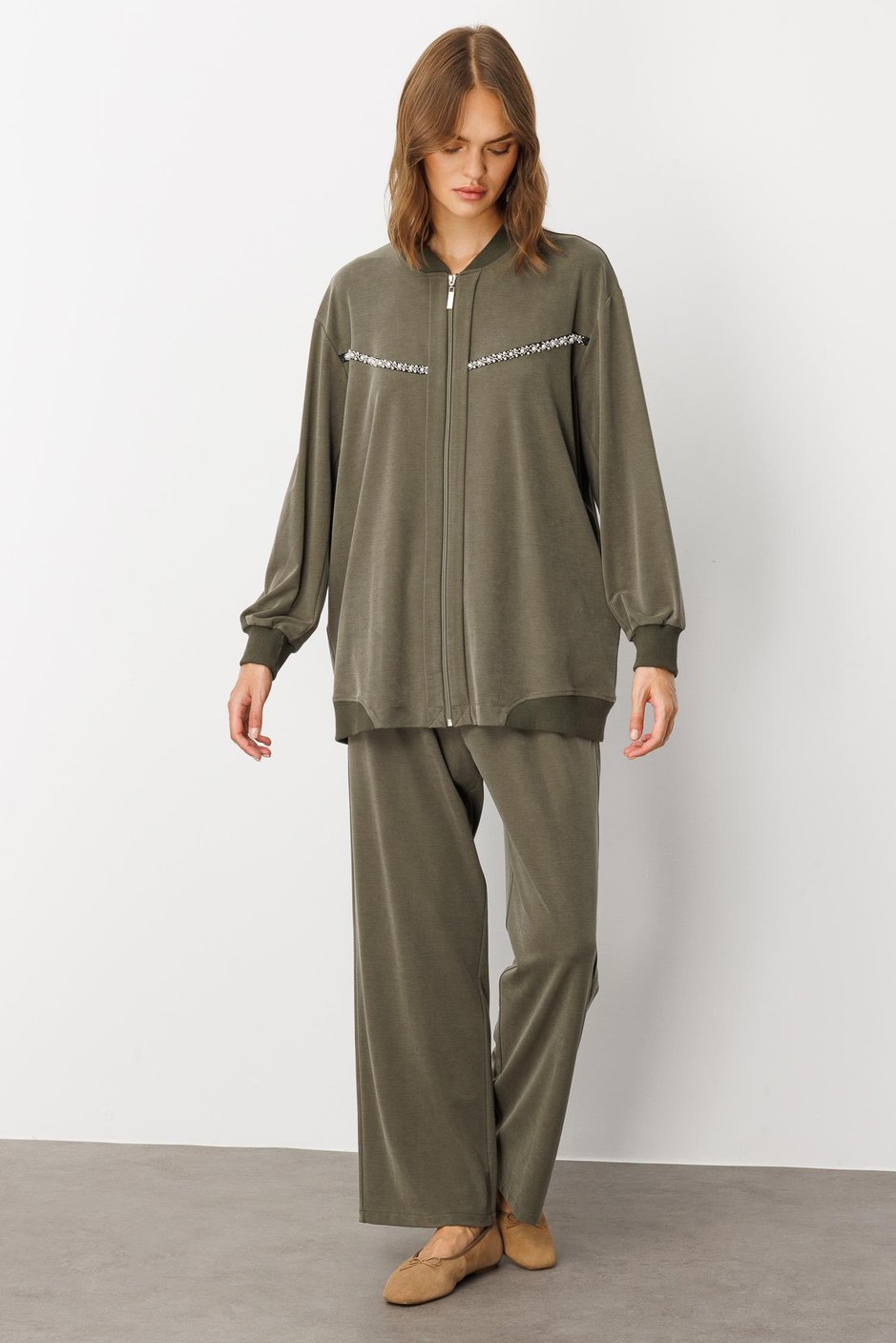 Soft Örme (miccell %55 doğal içerik) Elişi Detaylı  Pantalon Kombin Takım-Haki