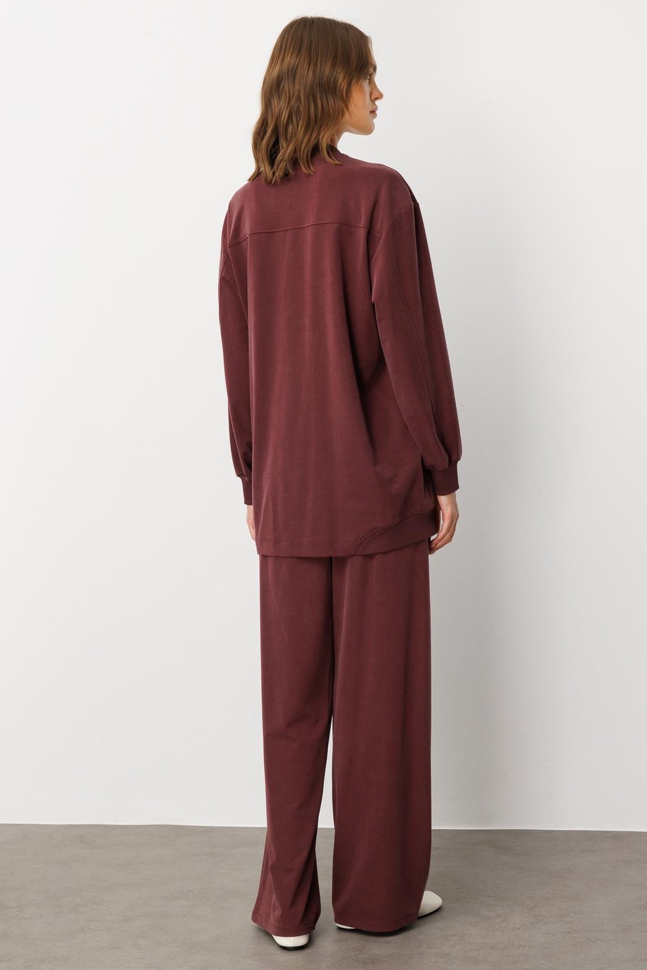 Soft Örme (miccell %55 doğal içerik) Elişi Detaylı  Pantalon Kombin Takım-Bordo