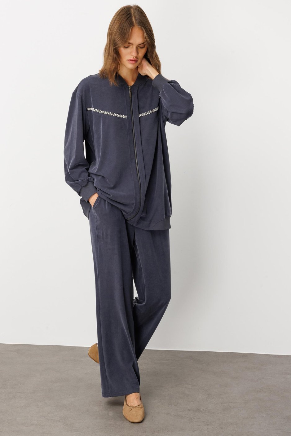 Soft Örme (miccell %55 doğal içerik) Elişi Detaylı  Pantalon Kombin Takım-Laci