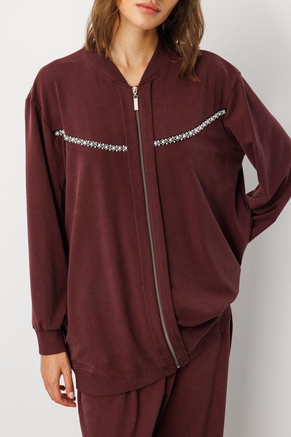 Soft Örme (miccell %55 doğal içerik) Elişi Detaylı  Pantalon Kombin Takım-Bordo