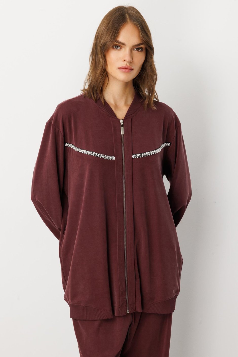 Soft Örme (miccell %55 doğal içerik) Elişi Detaylı  Pantalon Kombin Takım-Bordo
