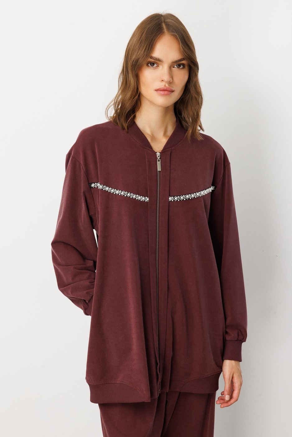 Soft Örme (miccell %55 doğal içerik) Elişi Detaylı  Pantalon Kombin Takım-Bordo