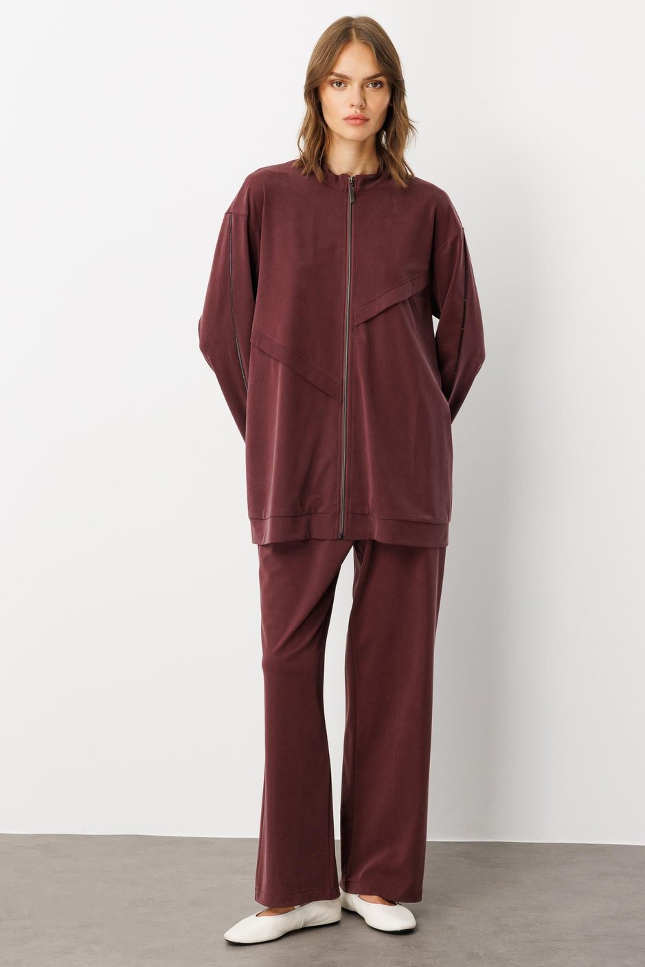 Soft Örme (miccell %55 doğal) İçerikli Aller Garni Pantalon Kombin Takım-Bordo