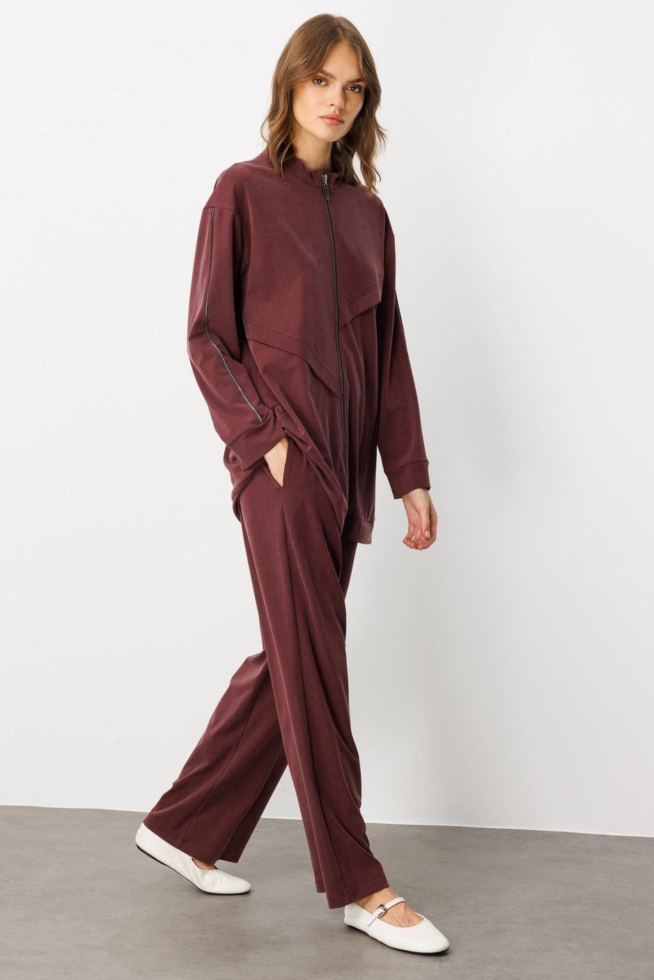 Soft Örme (miccell %55 doğal) İçerikli Aller Garni Pantalon Kombin Takım-Bordo