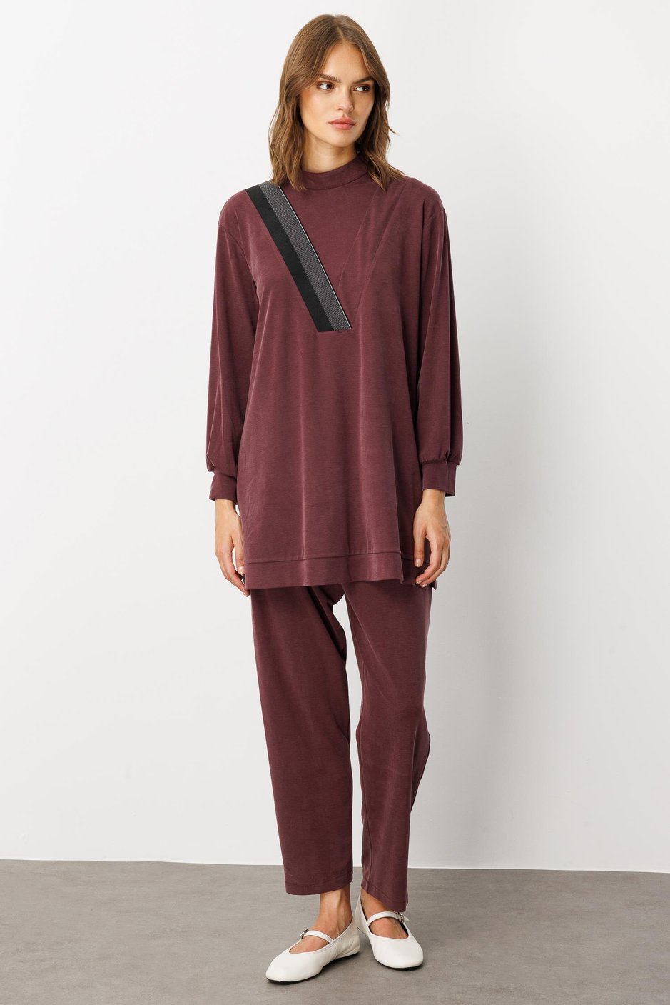 Soft Örme (miccell %55 doğal) İçerikli Ribana Garni Pantalon Kombin Takım-Bordo