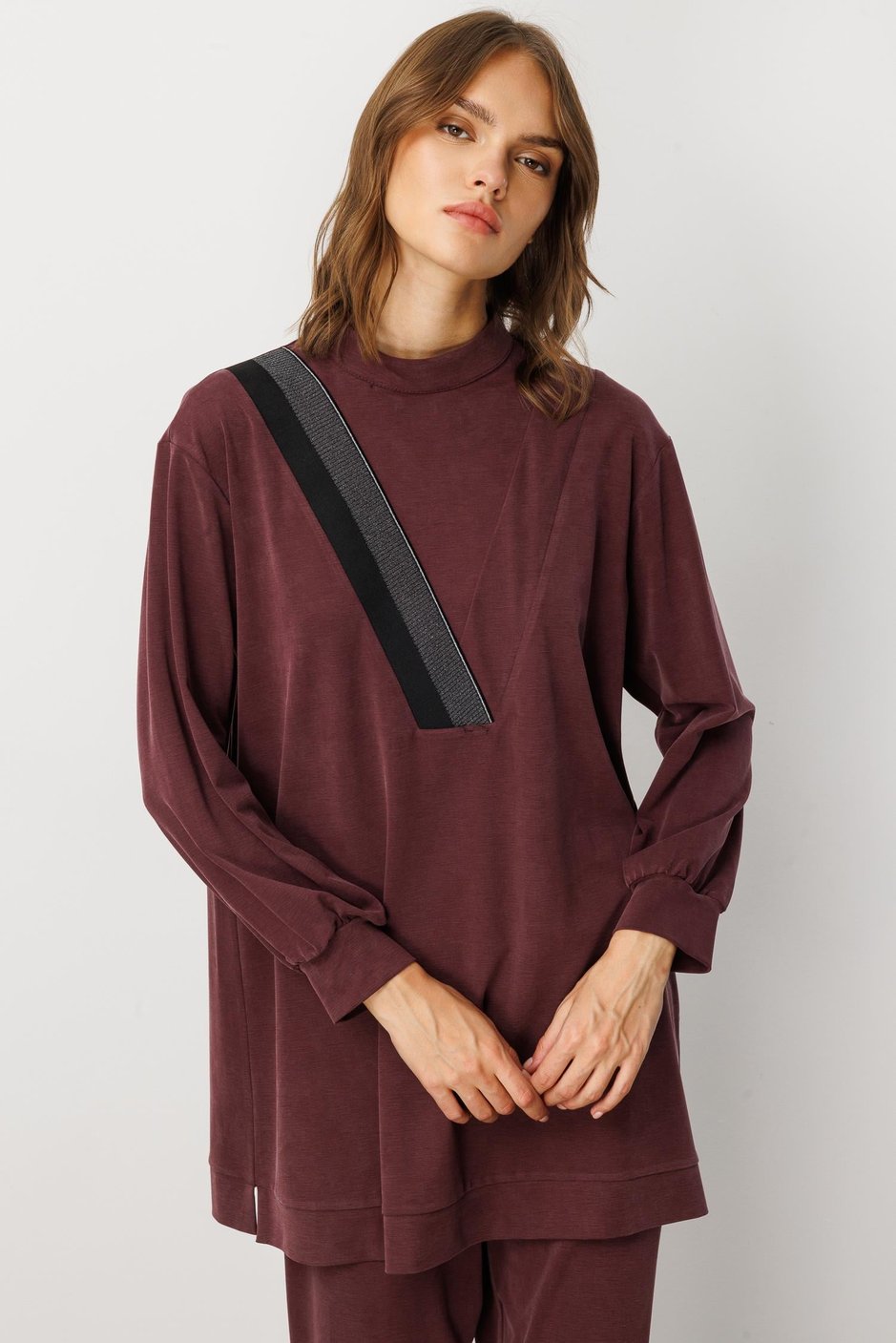 Soft Örme (miccell %55 doğal) İçerikli Ribana Garni Pantalon Kombin Takım-Bordo