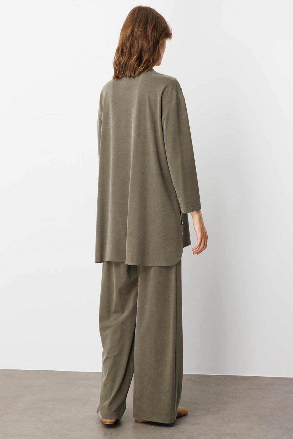Soft Örme (miccell %55 doğal) İçerikli Sade ve Özel  Pantalon Kombin Takım-Haki