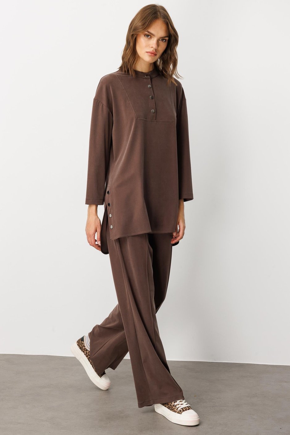 Soft Örme (miccell %55 doğal) İçerikli Sade ve Özel  Pantalon Kombin Takım-Kahve