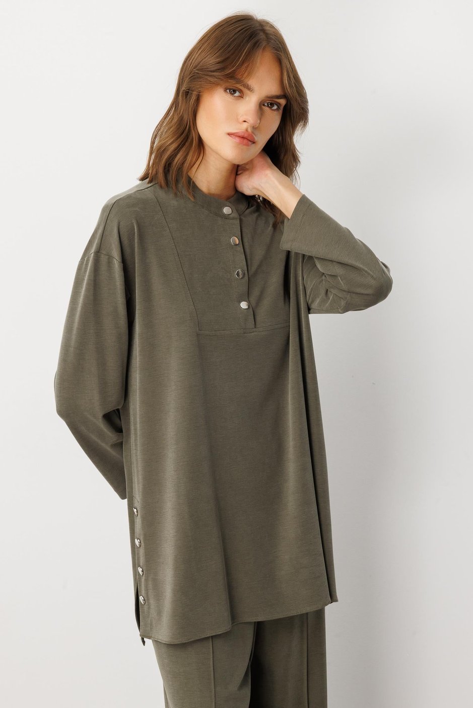 Soft Örme (miccell %55 doğal) İçerikli Sade ve Özel  Pantalon Kombin Takım-Haki