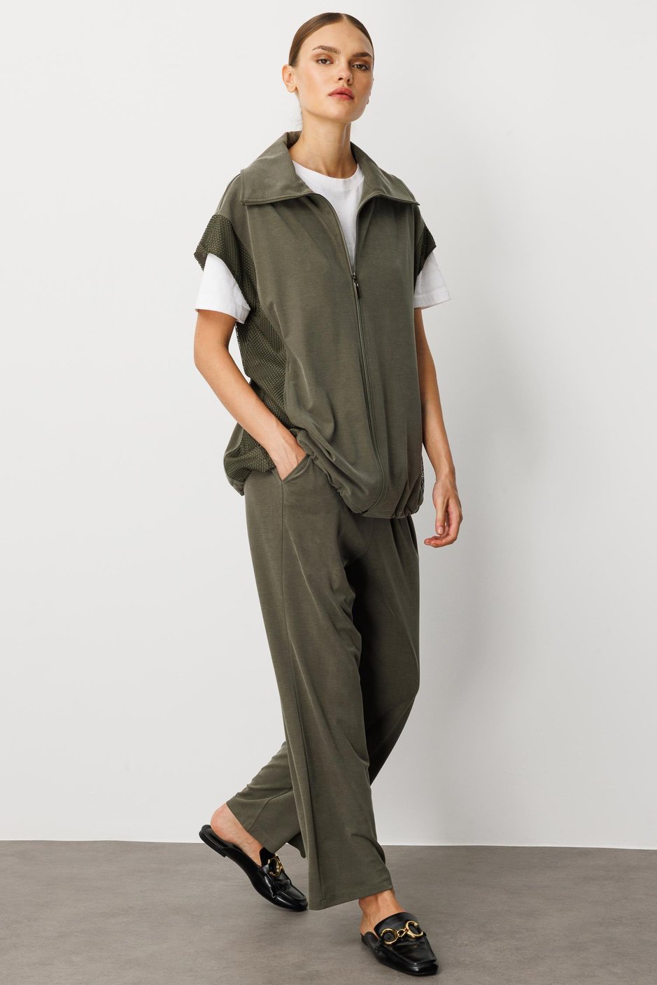 Soft Örme (miccell %55 doğal) İçerikli Yelek (tunik)  Pantalon Kombin Takım-Haki