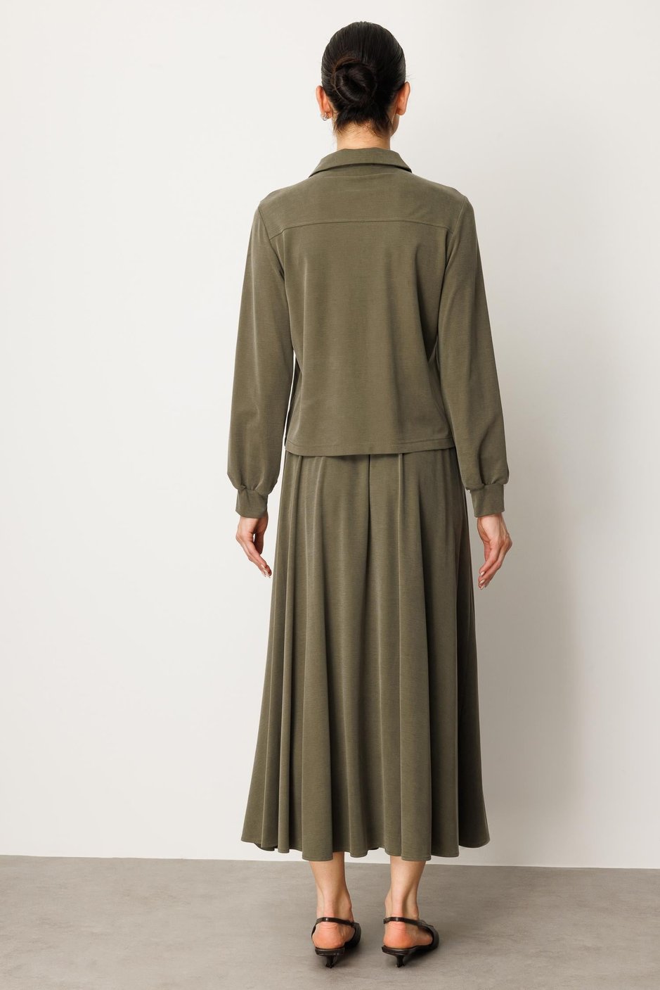 Soft Örme Modal Etek ve Ceket Kombinli Takım-Haki